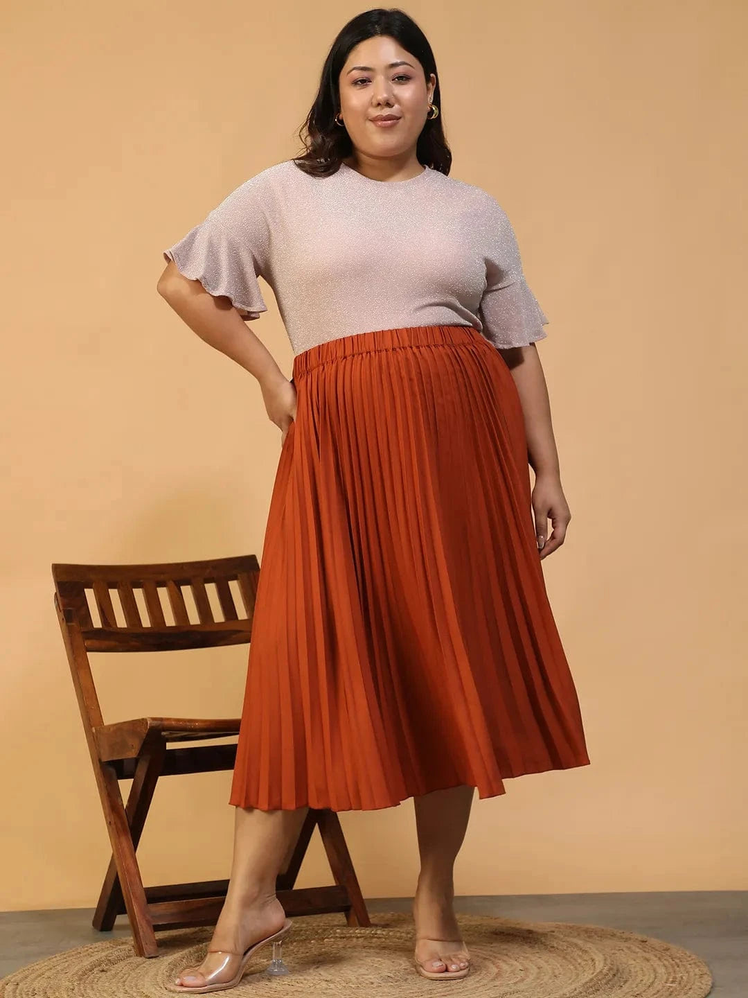 Moodcore Rust Elasticated Pleated Plus Size Women Skirt