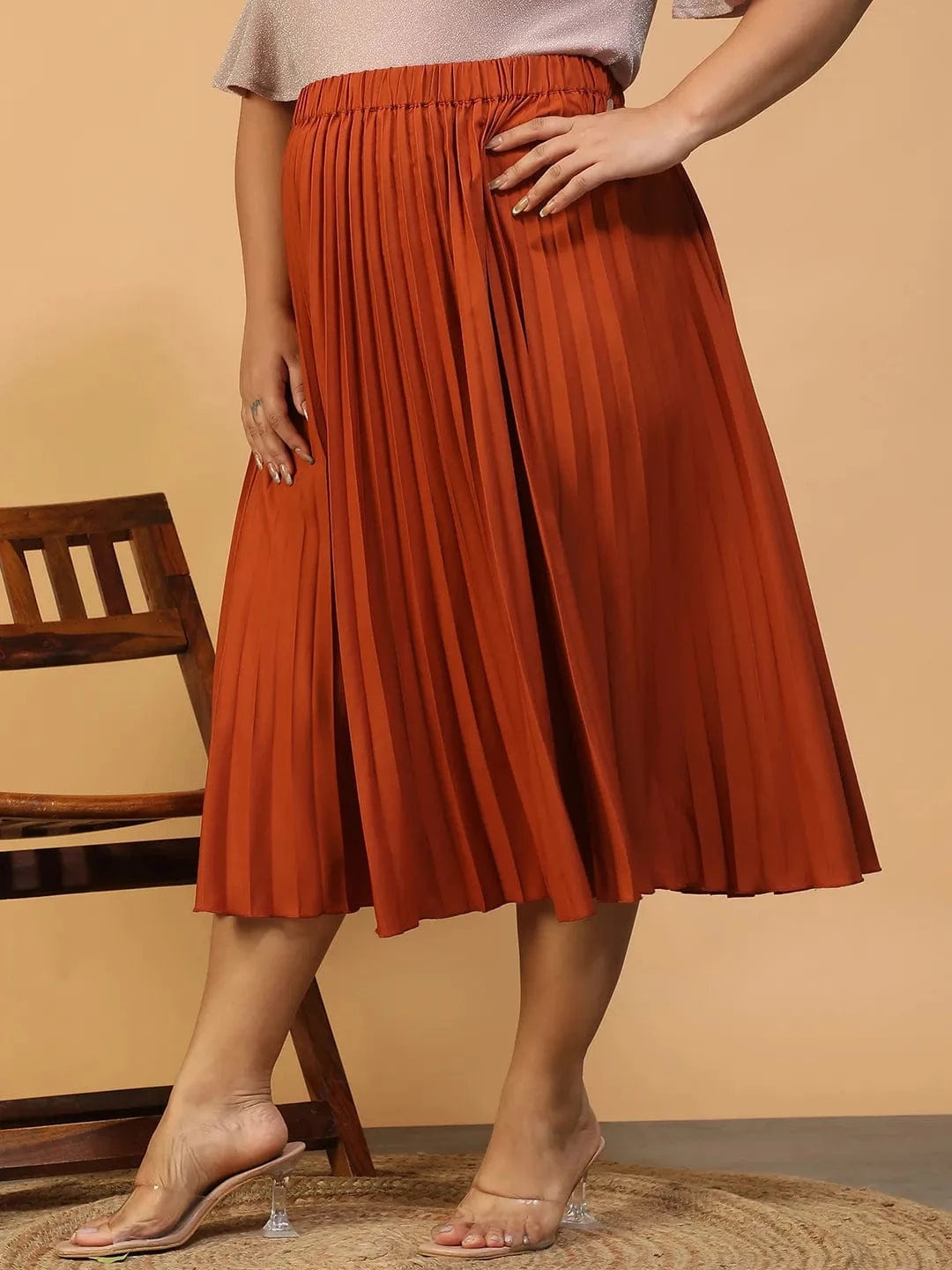 Moodcore Rust Elasticated Pleated Plus Size Women Skirt