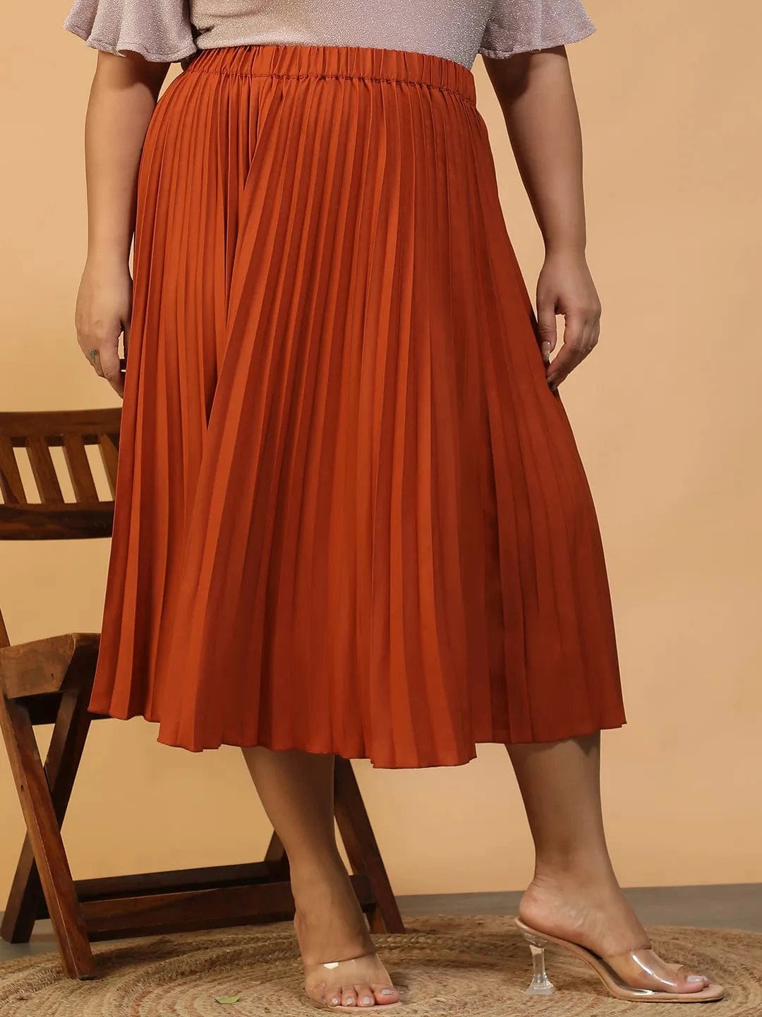 Moodcore Rust Elasticated Pleated Plus Size Women Skirt