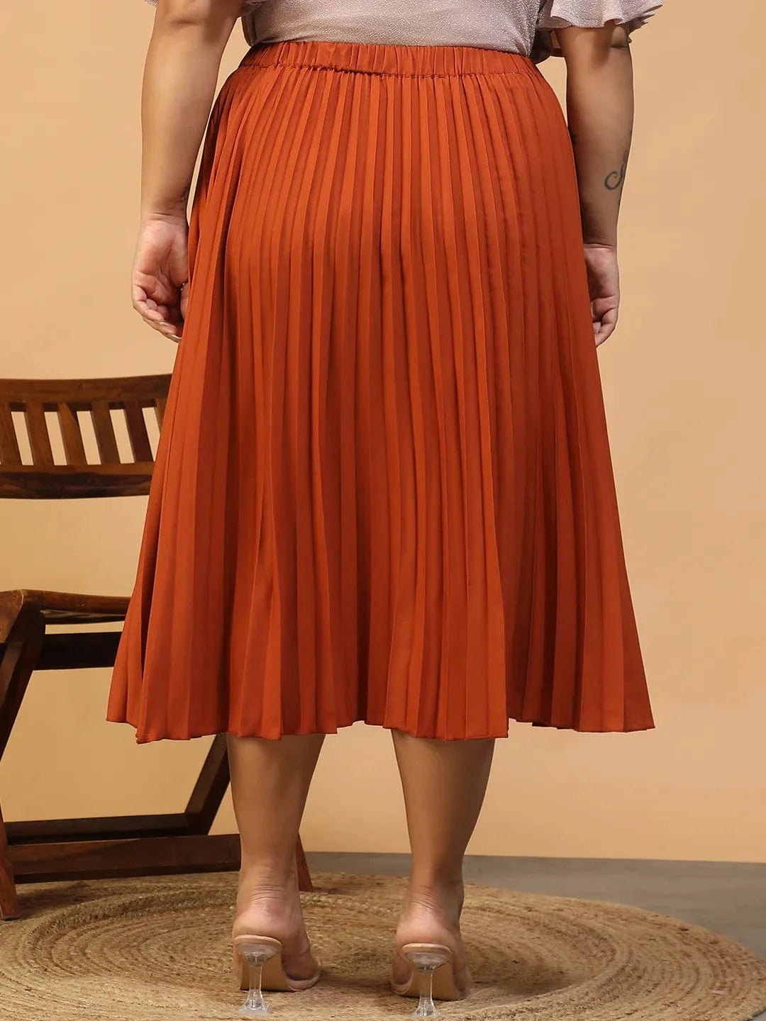 Moodcore Rust Elasticated Pleated Plus Size Women Skirt