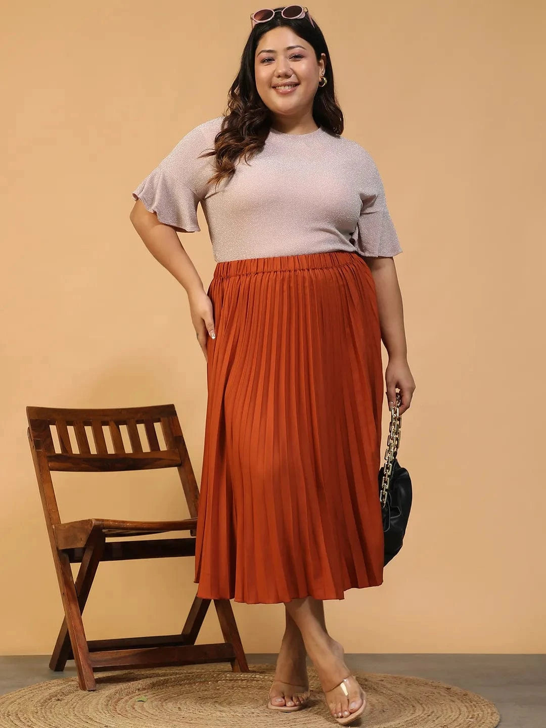 Moodcore Rust Elasticated Pleated Plus Size Women Skirt