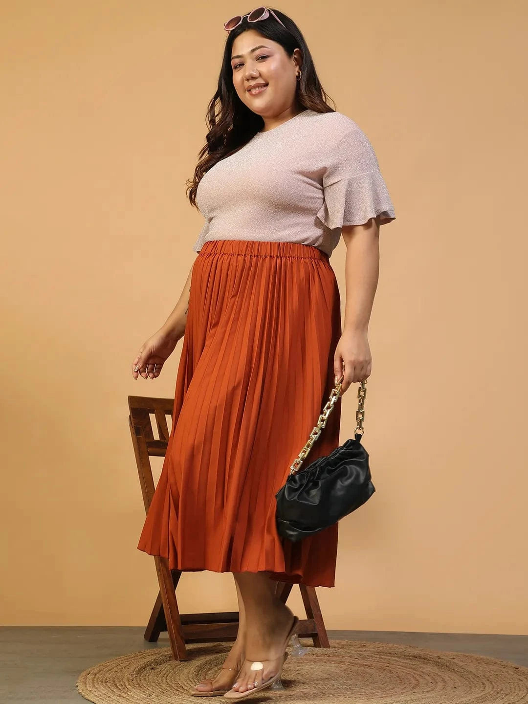Moodcore Rust Elasticated Pleated Plus Size Women Skirt