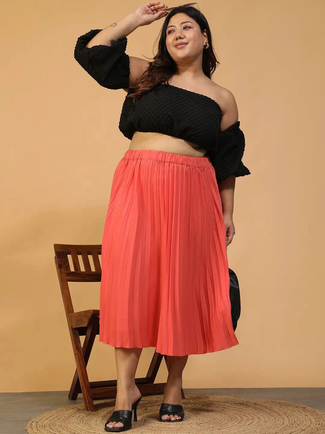 Vibeon Coral Elasticated Pleated Plus Size Women Skirt