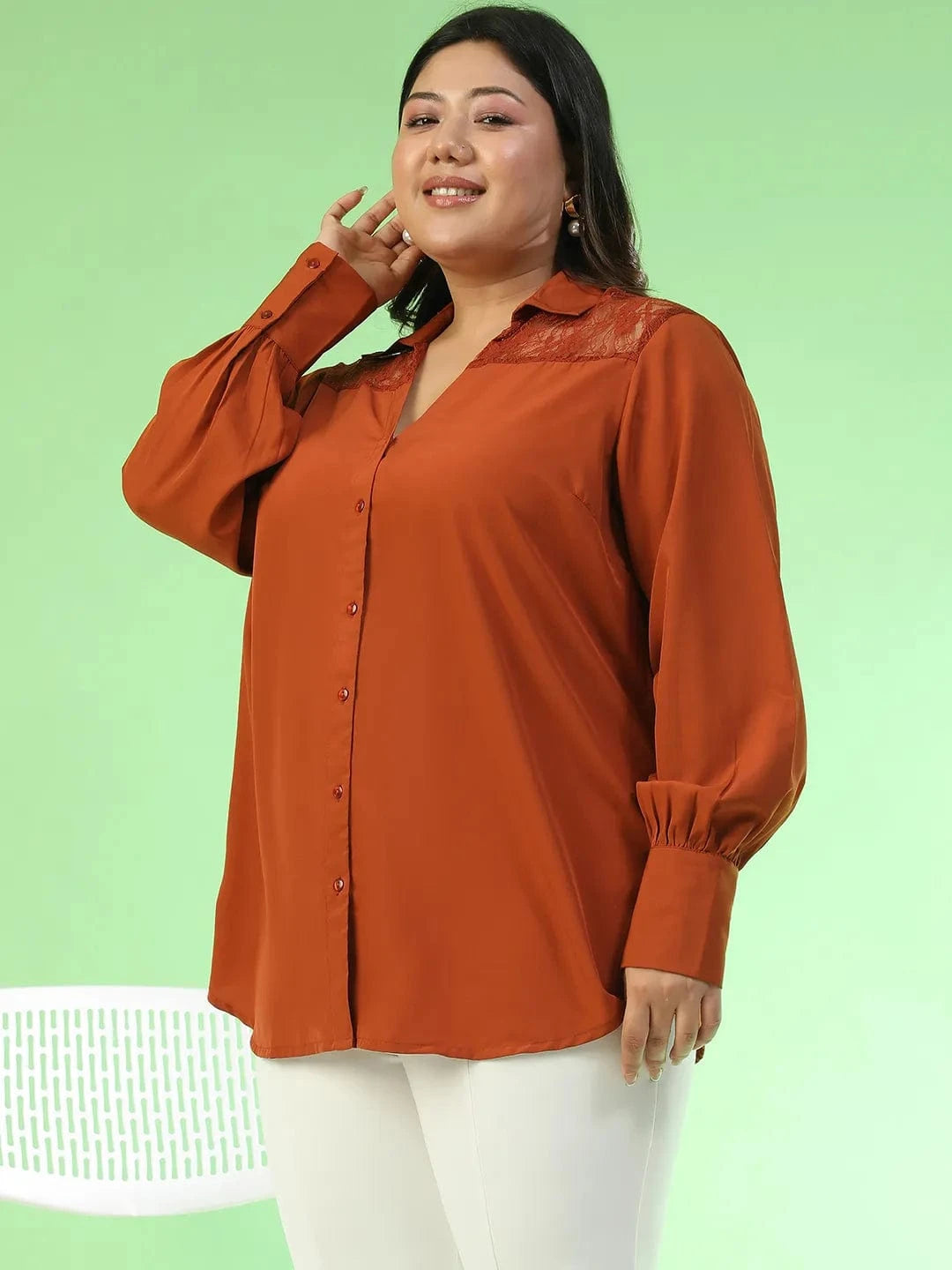 Spark Rust Collared Long Sleeve Lace Detail Button Down Plus Size Women Shirt