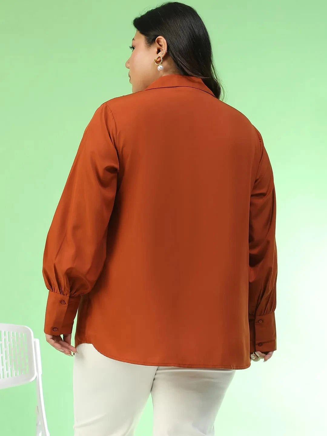 Spark Rust Collared Long Sleeve Lace Detail Button Down Plus Size Women Shirt