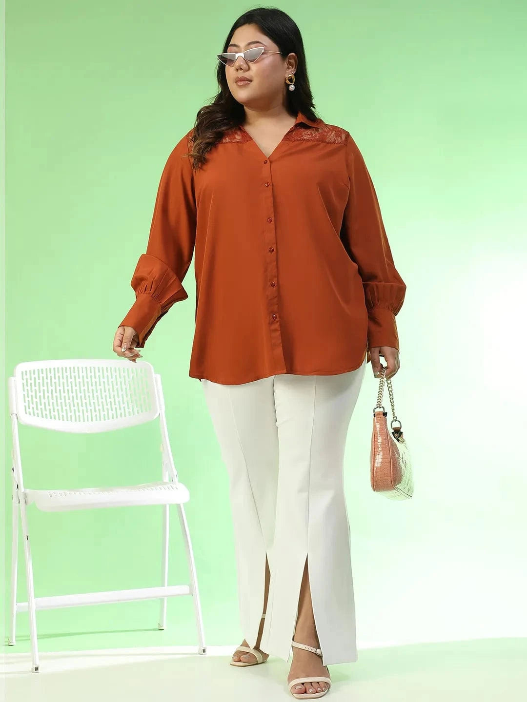Spark Rust Collared Long Sleeve Lace Detail Button Down Plus Size Women Shirt