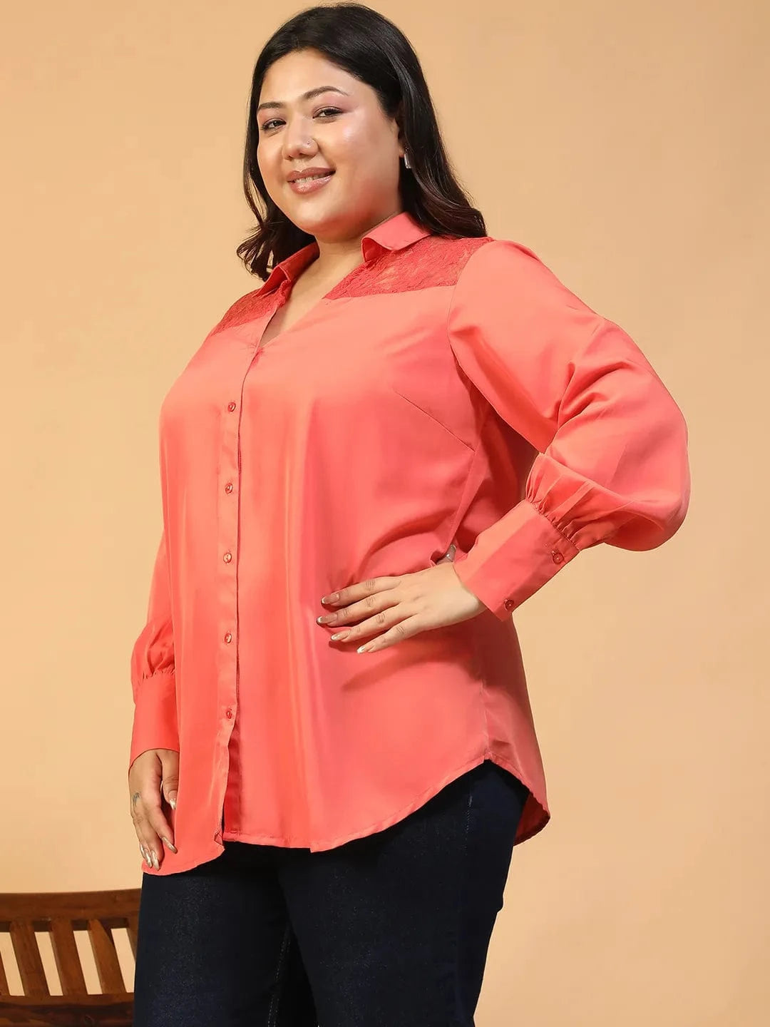 Candy Coral Collared Long Sleeve Lace Detail Button Down Plus Size Women Shirt