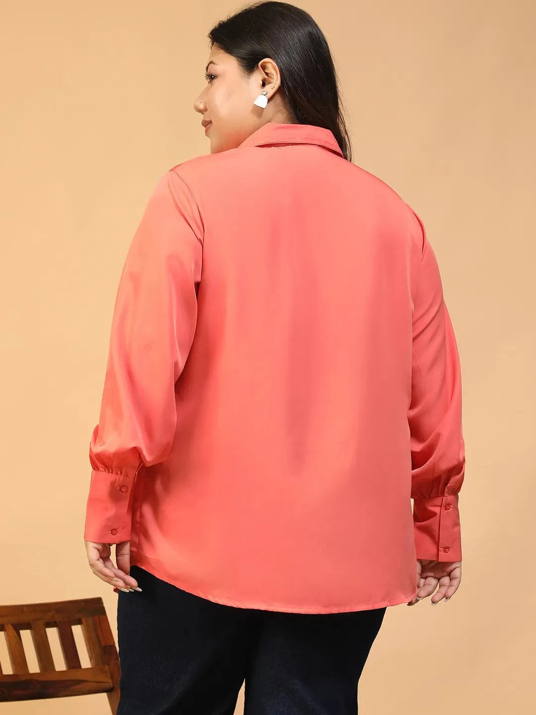 Candy Coral Collared Long Sleeve Lace Detail Button Down Plus Size Women Shirt