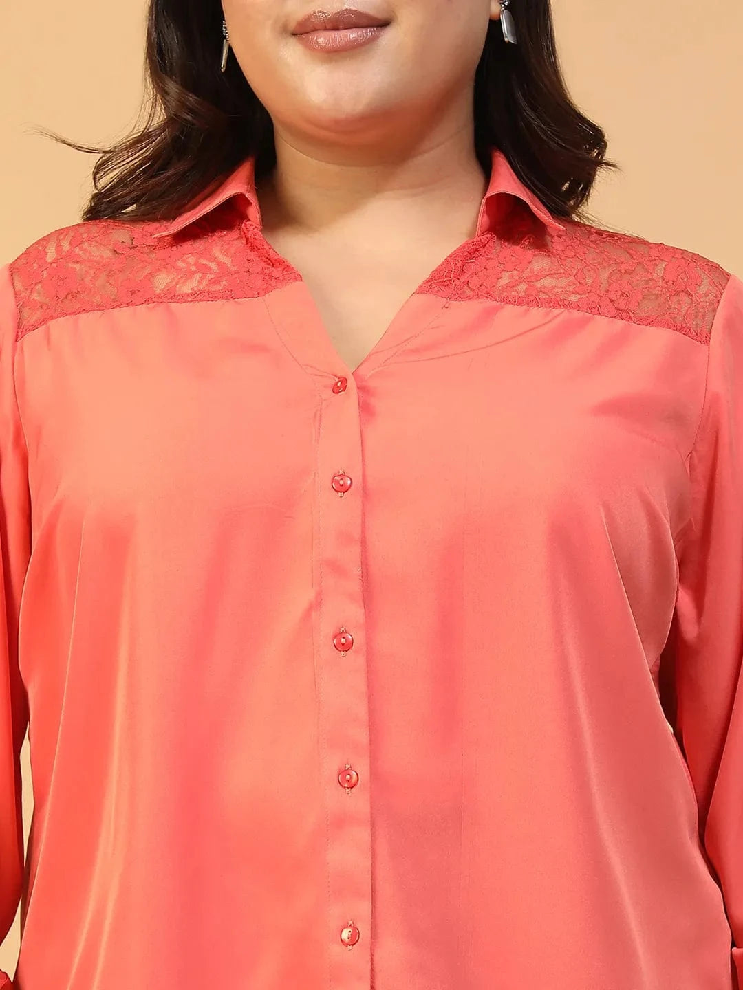 Candy Coral Collared Long Sleeve Lace Detail Button Down Plus Size Women Shirt
