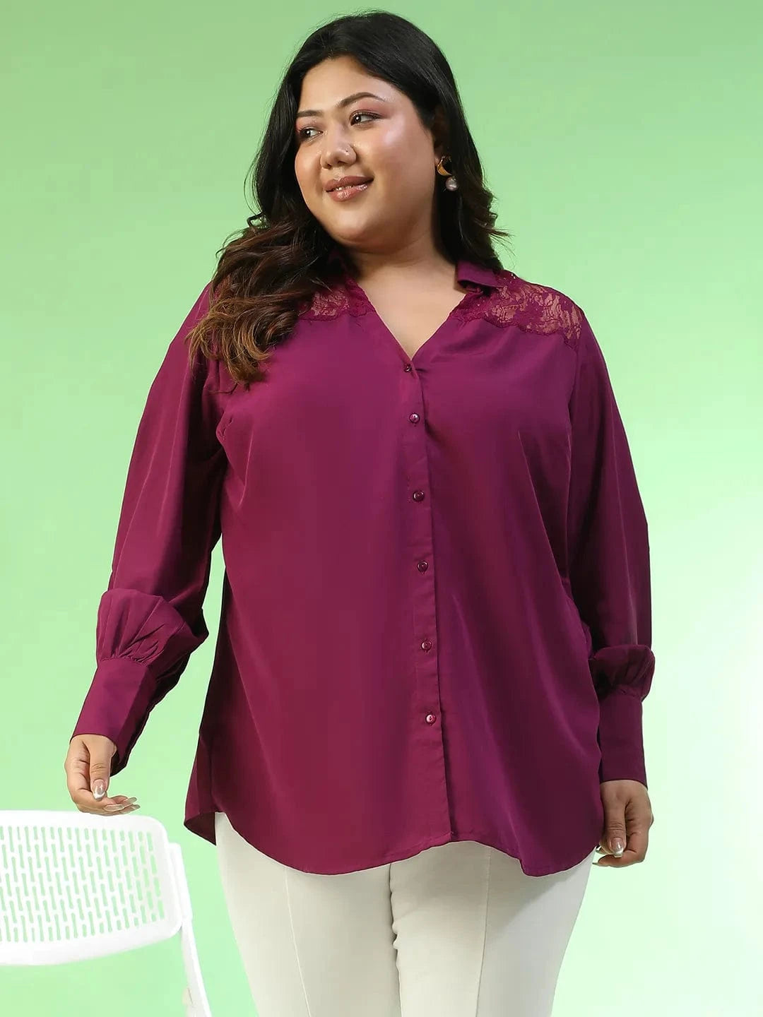 Babe Purple Collared Long Sleeve Lace Detail Button Down Plus Size Women Shirt