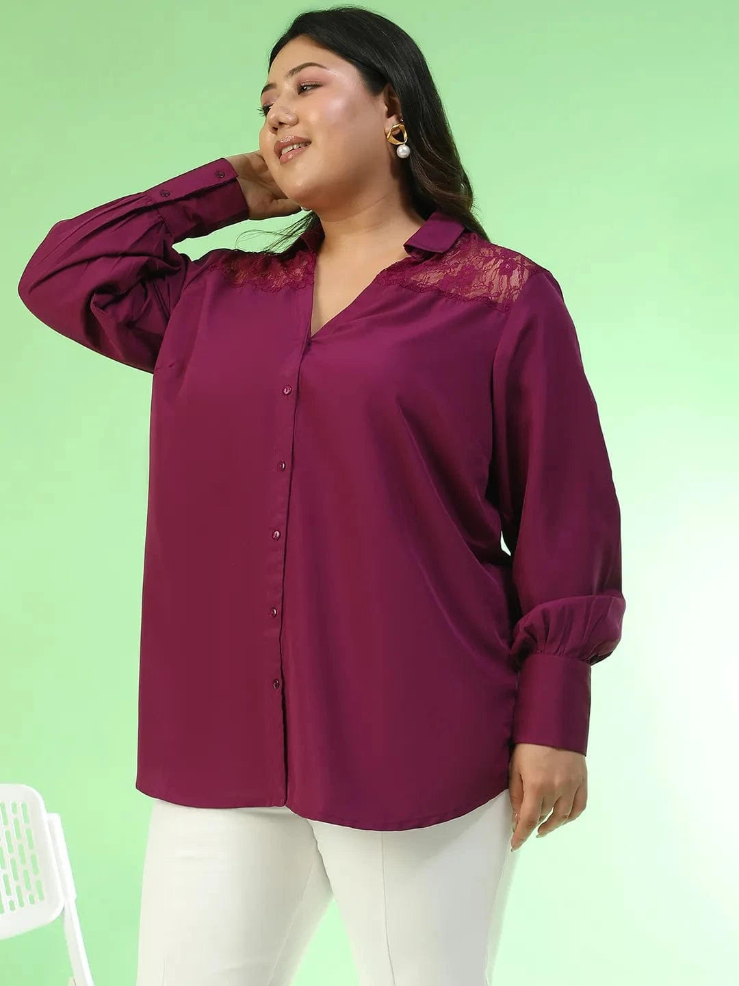Babe Purple Collared Long Sleeve Lace Detail Button Down Plus Size Women Shirt