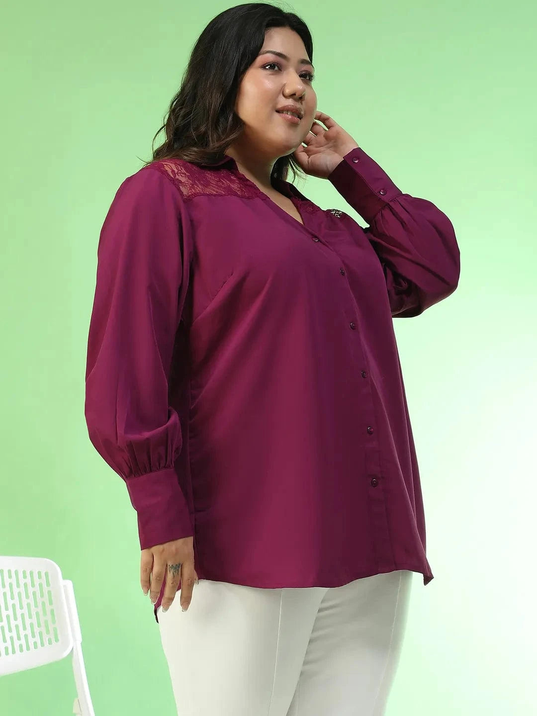 Babe Purple Collared Long Sleeve Lace Detail Button Down Plus Size Women Shirt