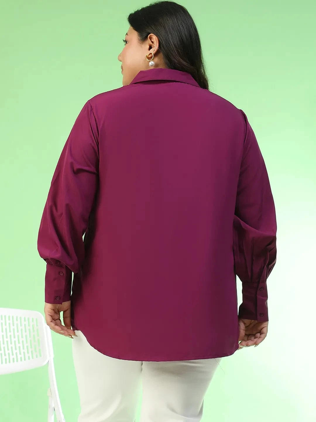 Babe Purple Collared Long Sleeve Lace Detail Button Down Plus Size Women Shirt