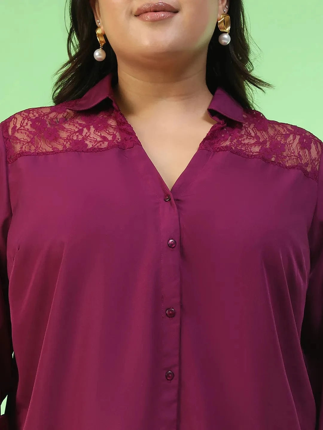 Babe Purple Collared Long Sleeve Lace Detail Button Down Plus Size Women Shirt