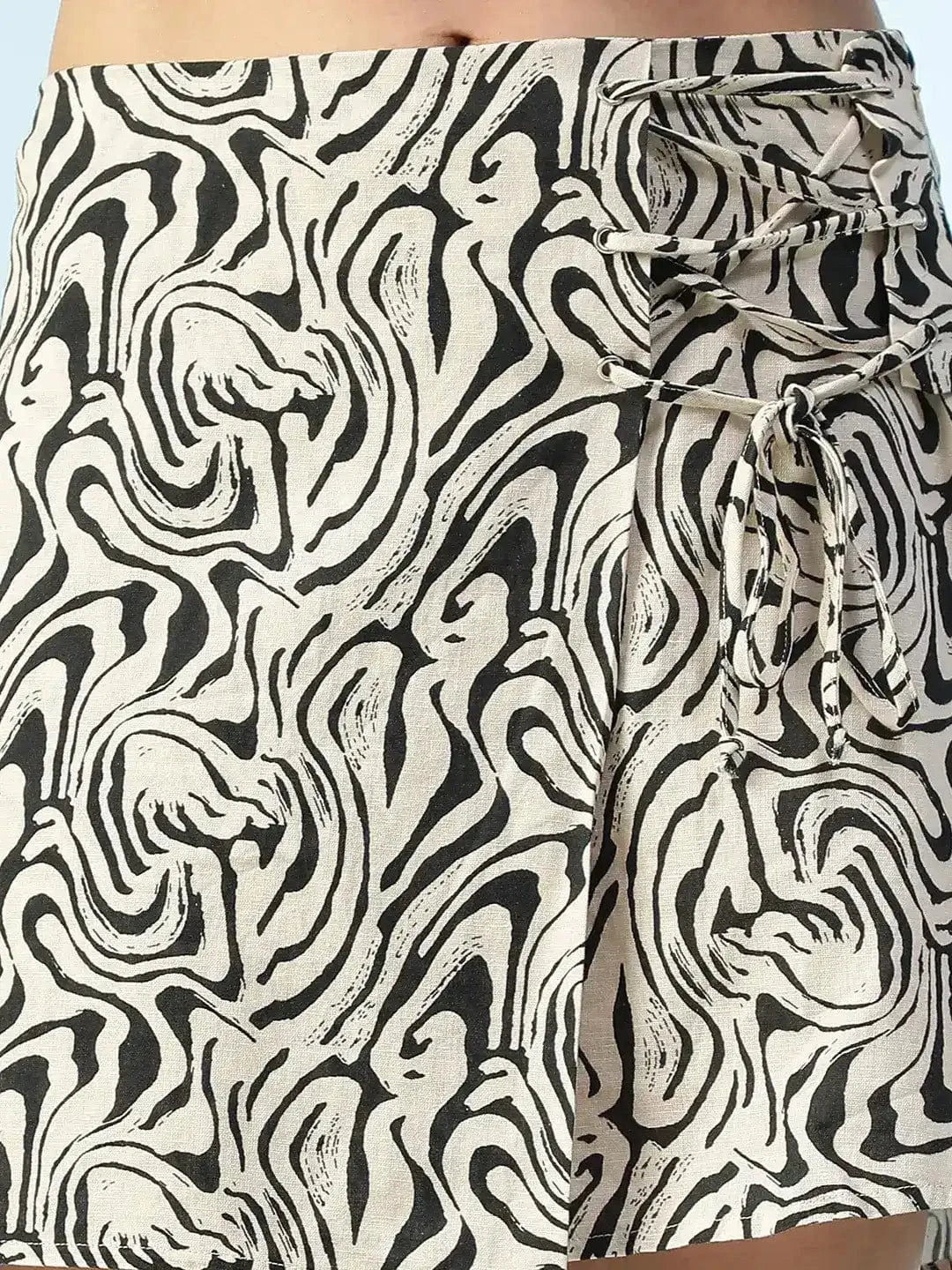 Dropper Beige Abstract Print Elasticated Tie-Up Detail Women Short Cotton Linen Skirt