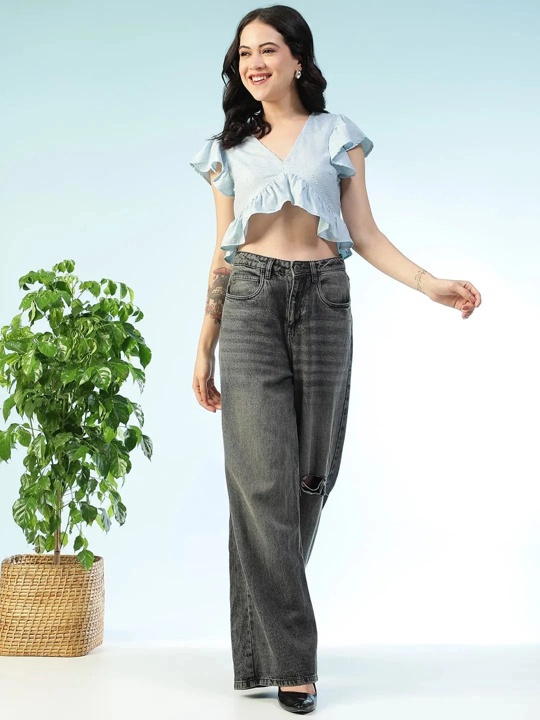 Closet Solid Light Blue Short Flutter Sleeve Women Crop Top