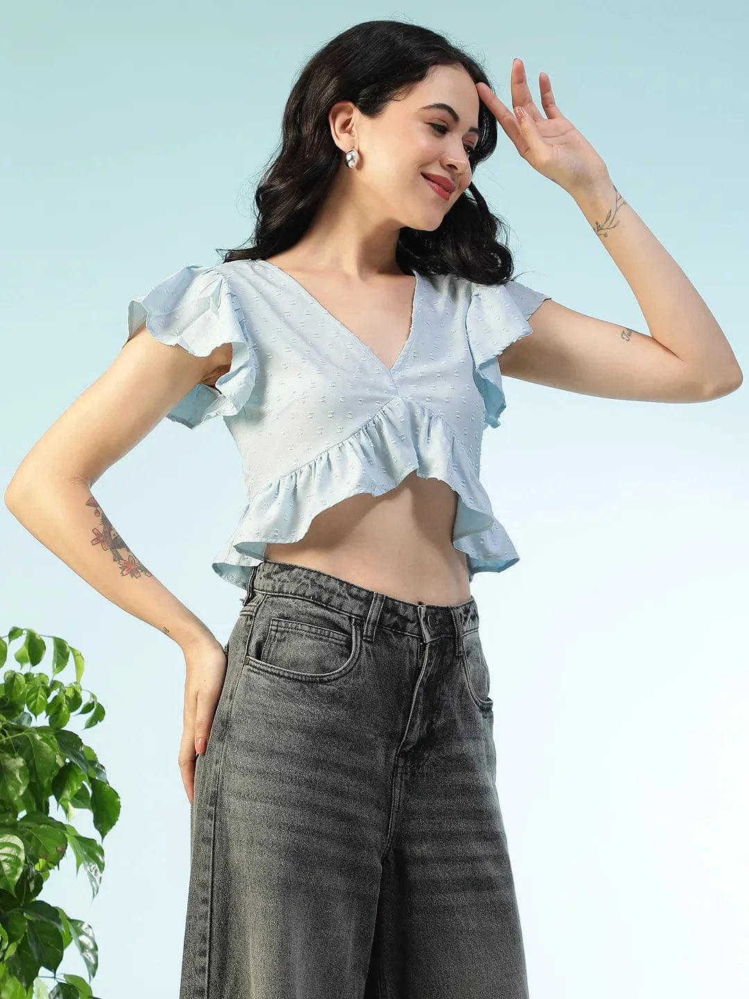 Closet Solid Light Blue Short Flutter Sleeve Women Crop Top