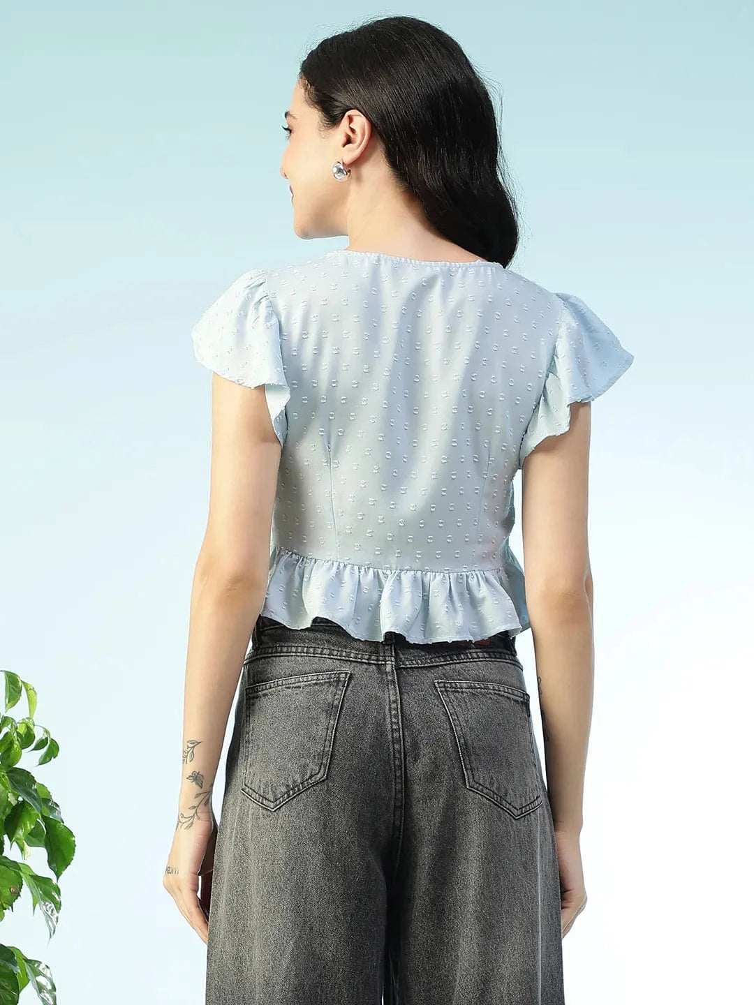 Closet Solid Light Blue Short Flutter Sleeve Women Crop Top