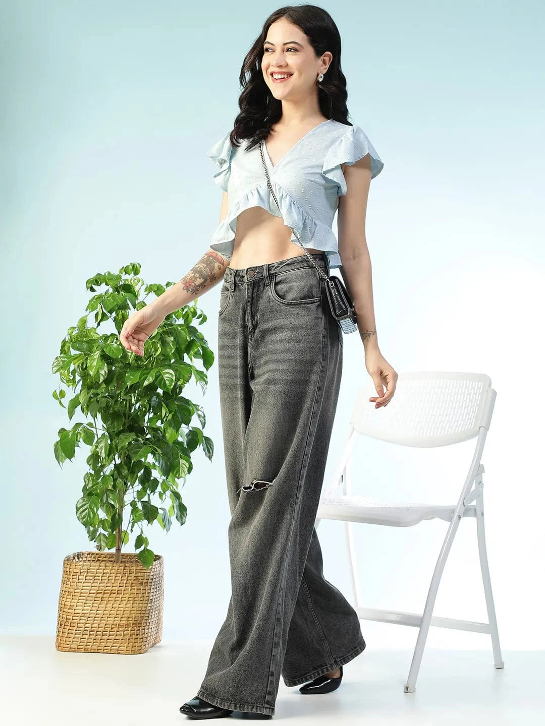 Closet Solid Light Blue Short Flutter Sleeve Women Crop Top