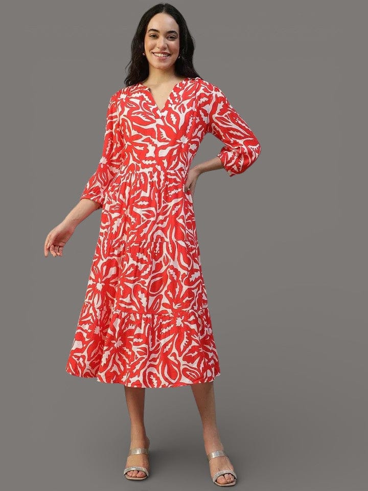 Red Floral Dress - Women's Party Dress With 3/4 Sleeves & Flare Hem