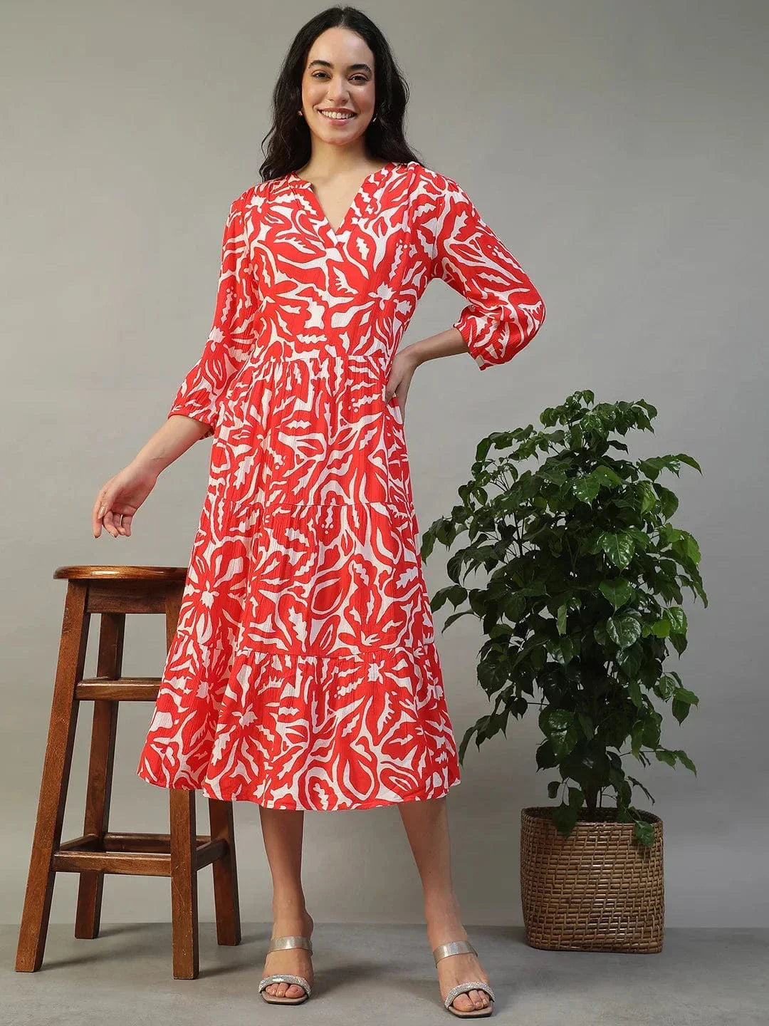 Special Red Floral Print 3/4 Length Sleeves Women Dress - oxolloxo