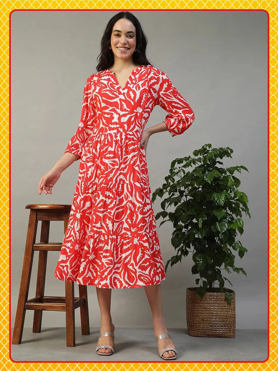 Special Red Floral Print 3/4 Length Sleeves Women Dress