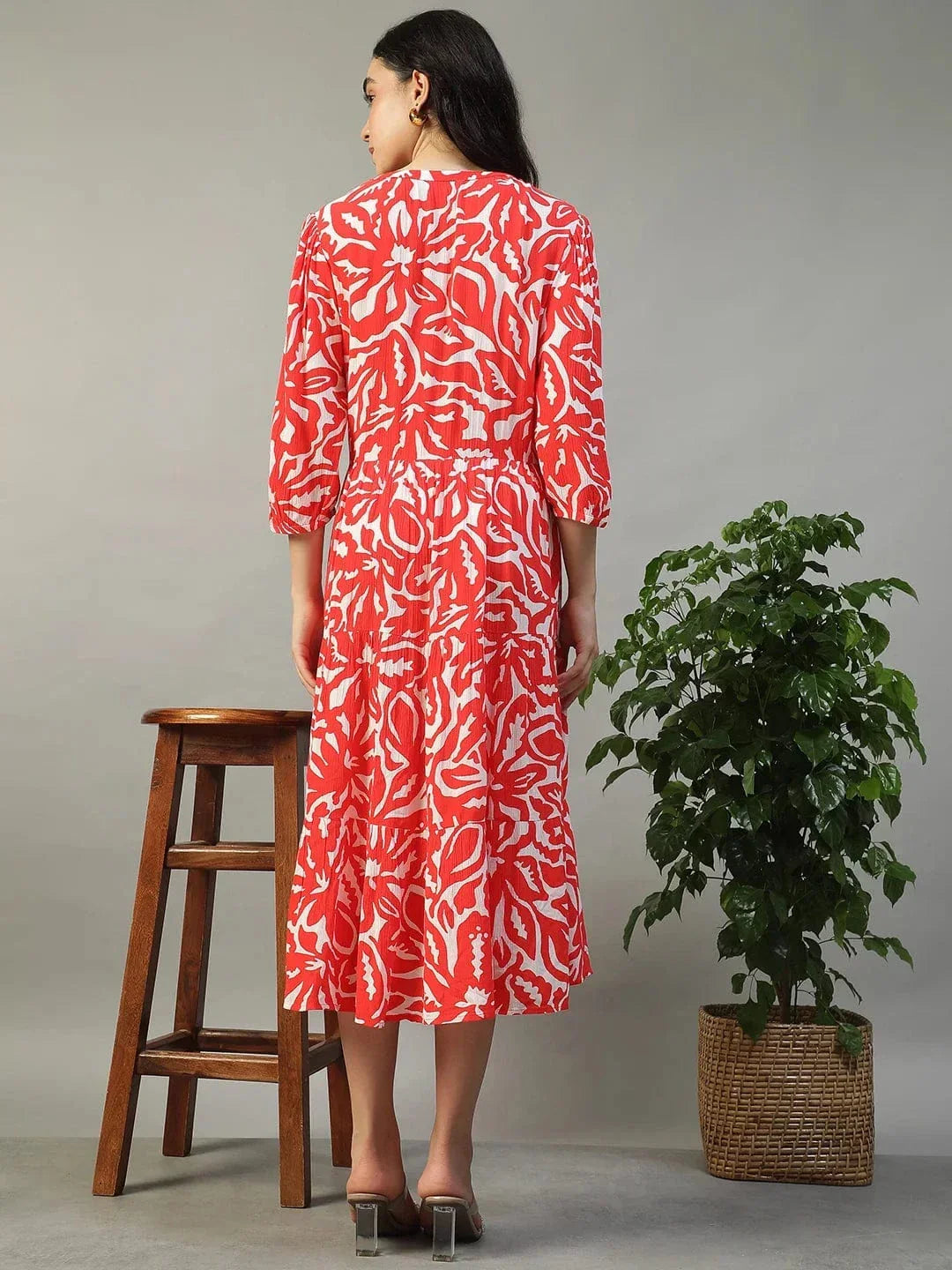 Special Red Floral Print 3/4 Length Sleeves Women Dress - oxolloxo
