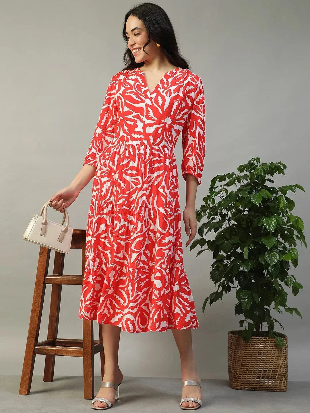 Special Red Floral Print 3/4 Length Sleeves Women Dress - oxolloxo