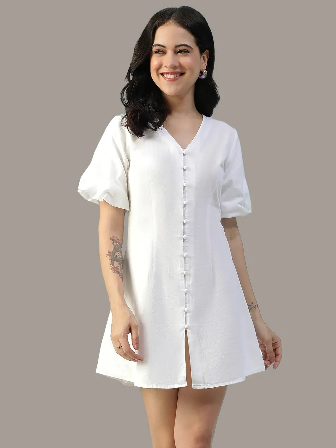 Women White Cotton Linen Dress