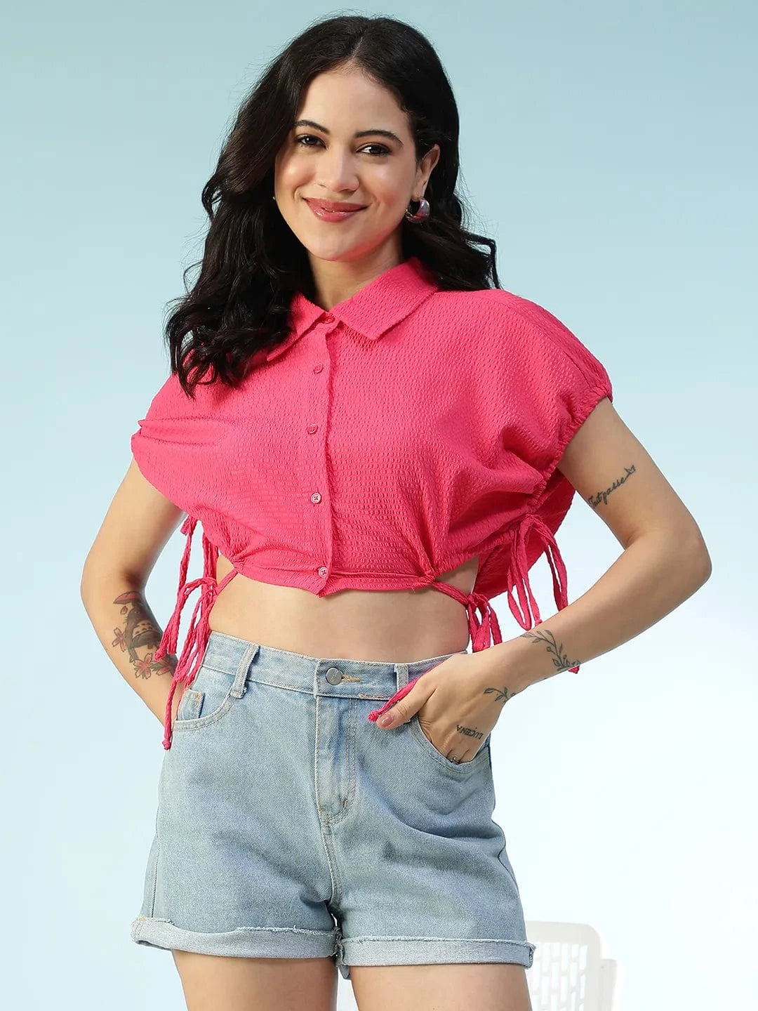 Flash Flare Solid Pink Collared Button Down Short Sleeve Tie-Up Detail Elasticated Women Crop Shirt