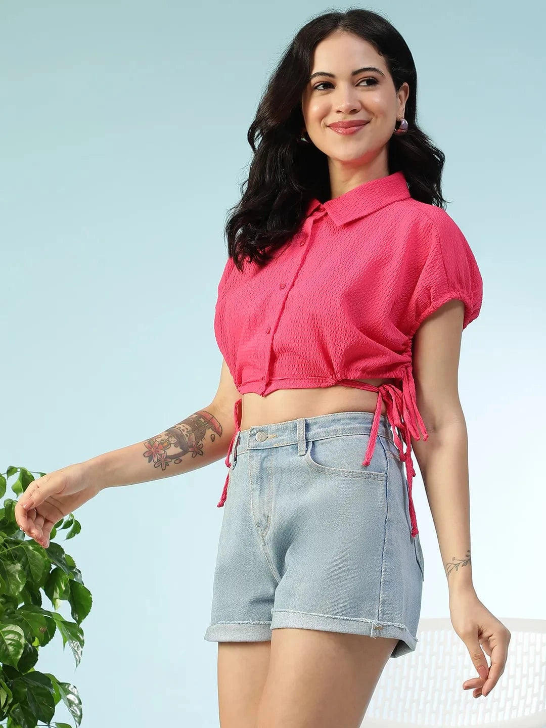 Flash Flare Solid Pink Collared Button Down Short Sleeve Tie-Up Detail Elasticated Women Crop Shirt
