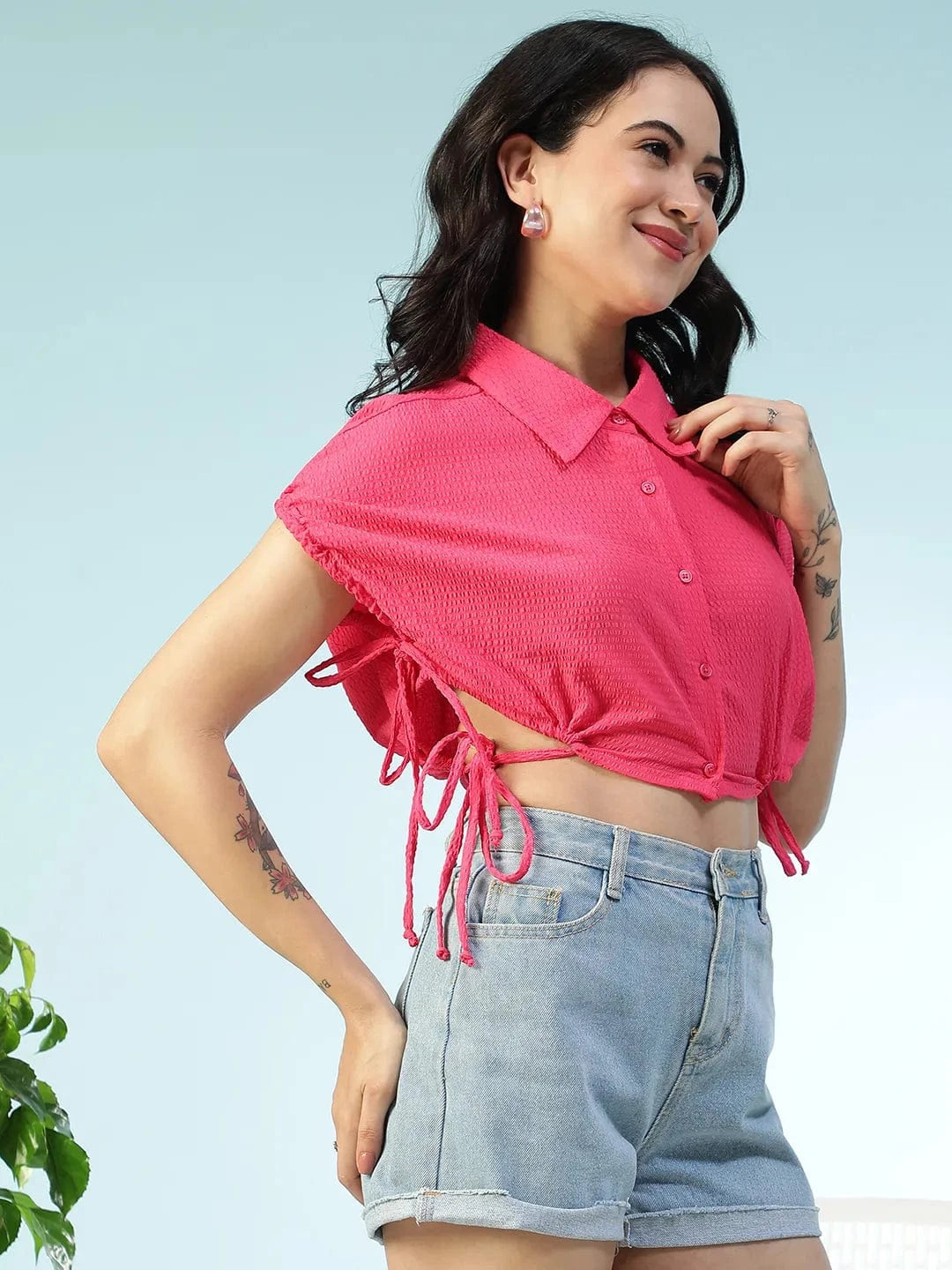 Flash Flare Solid Pink Collared Button Down Short Sleeve Tie-Up Detail Elasticated Women Crop Shirt