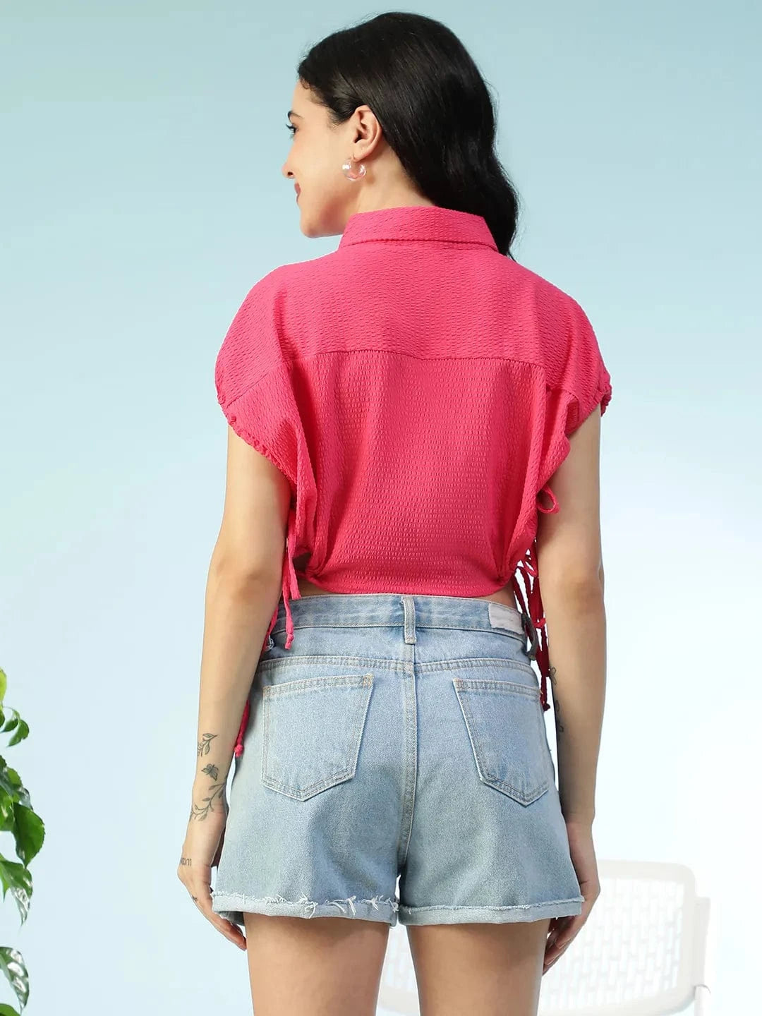 Flash Flare Solid Pink Collared Button Down Short Sleeve Tie-Up Detail Elasticated Women Crop Shirt