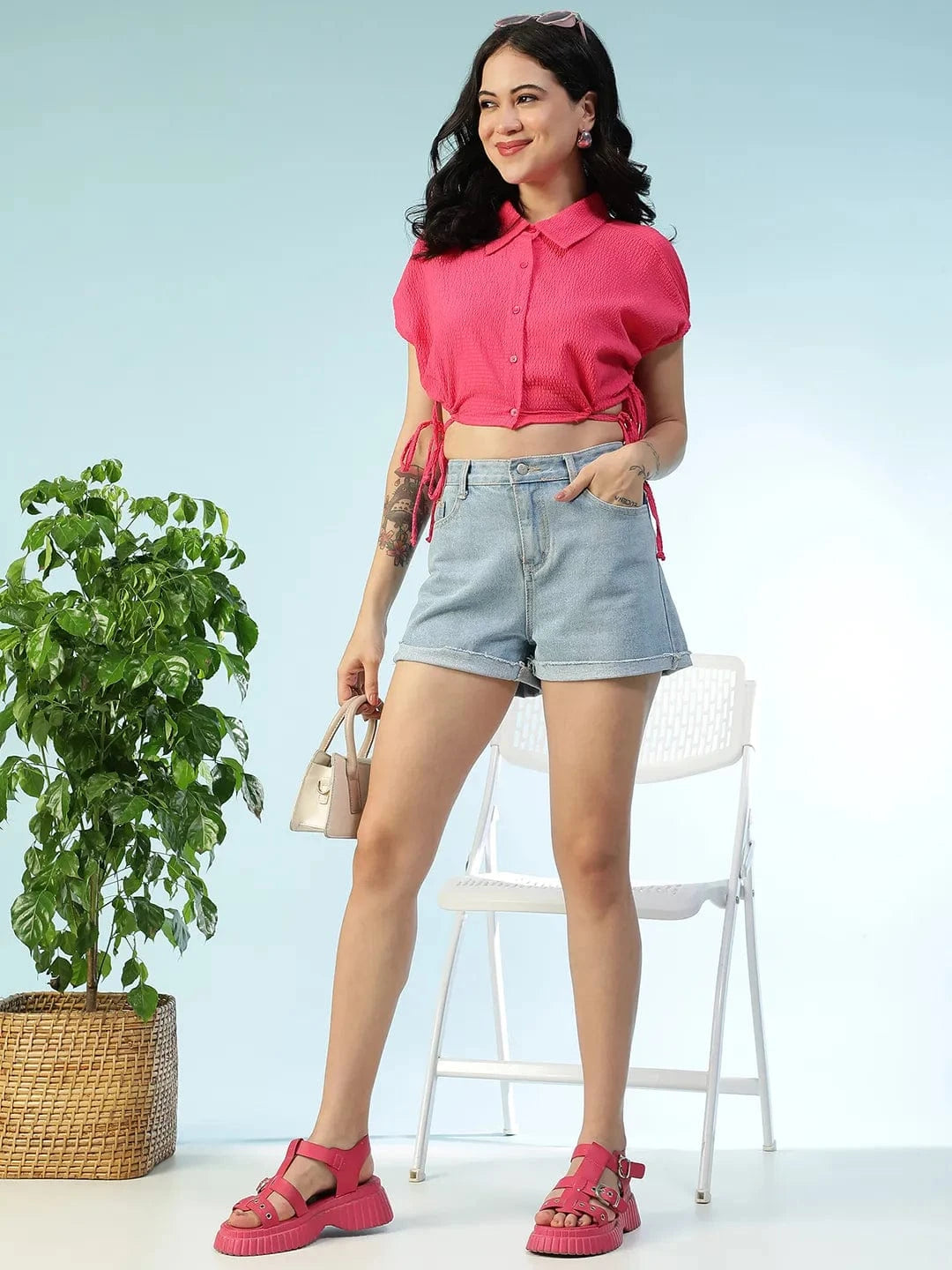 Flash Flare Solid Pink Collared Button Down Short Sleeve Tie-Up Detail Elasticated Women Crop Shirt