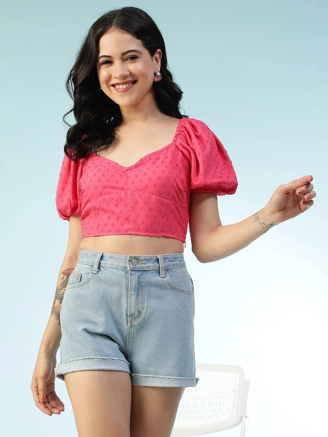 Swaggy Pink Short Sleeve Dobby Weave Women Crop Top