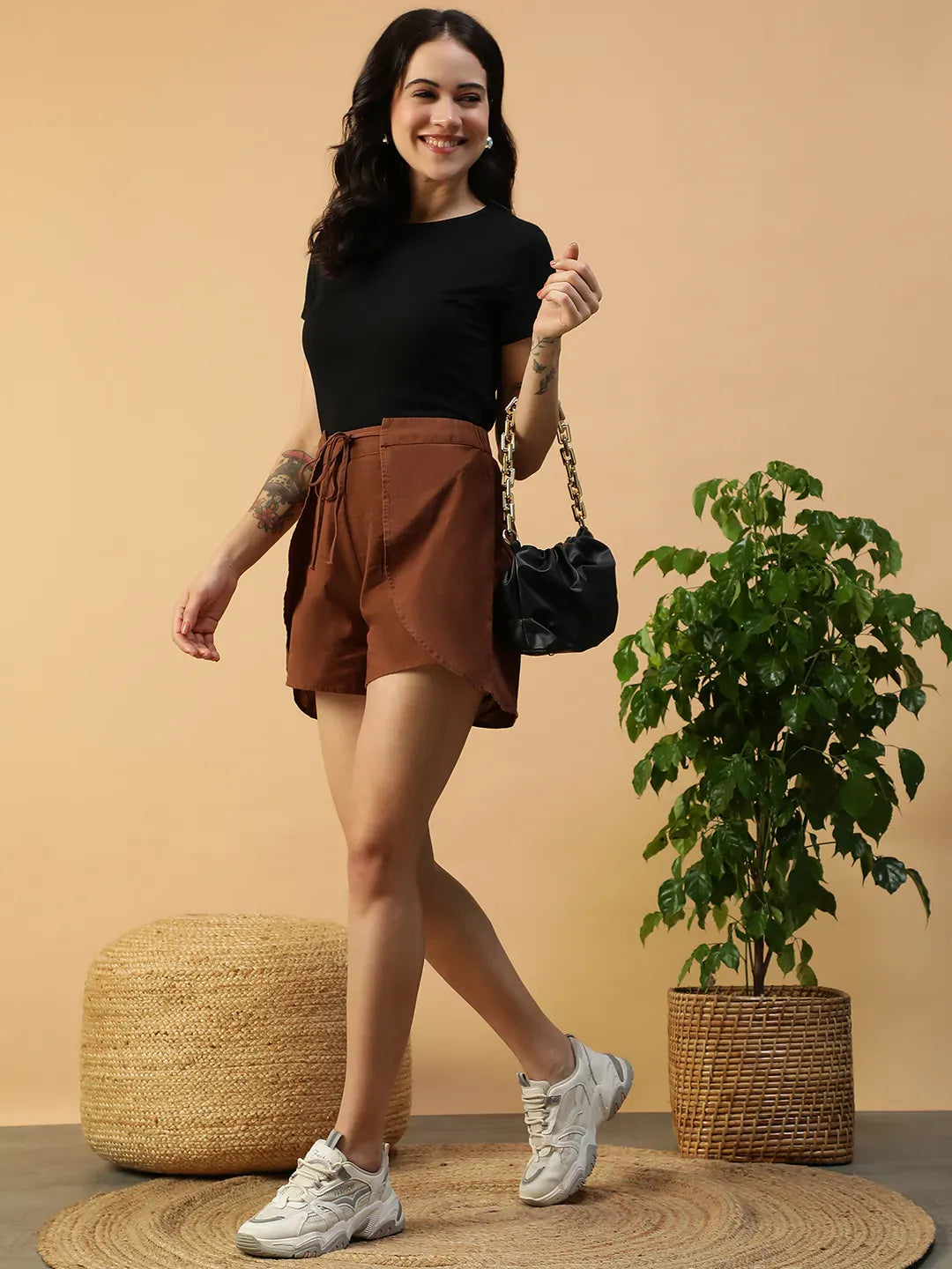 Women Brown Cotton Short