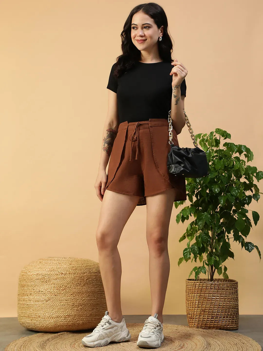 Women Brown Cotton Short