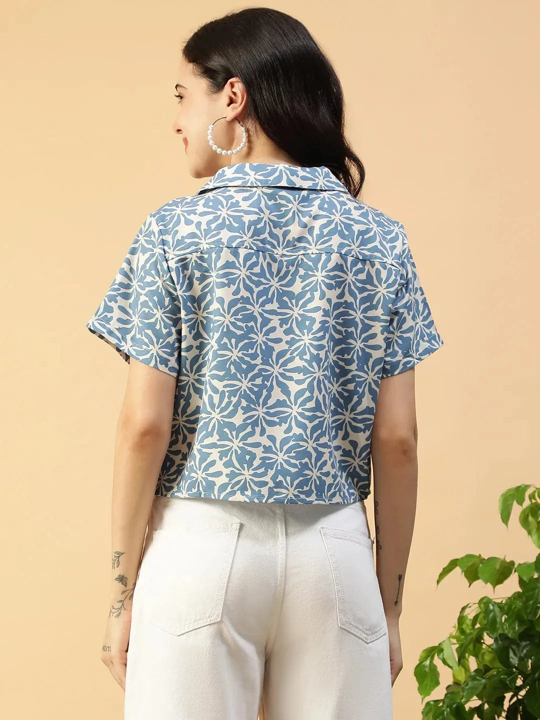 Boom Blue Floral Slub Print Collared Button Down Short Sleeve Women Top