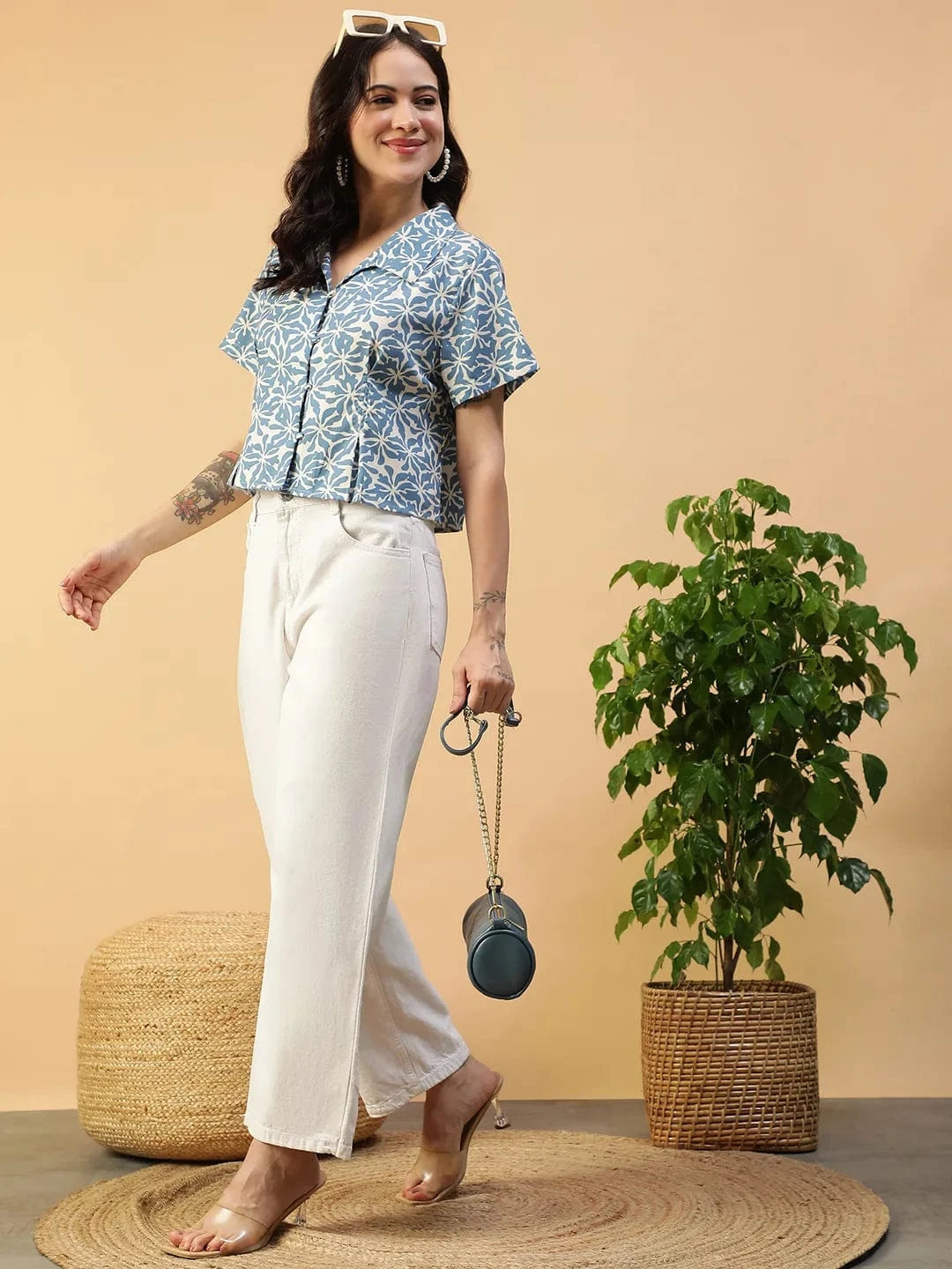 Boom Blue Floral Slub Print Collared Button Down Short Sleeve Women Top