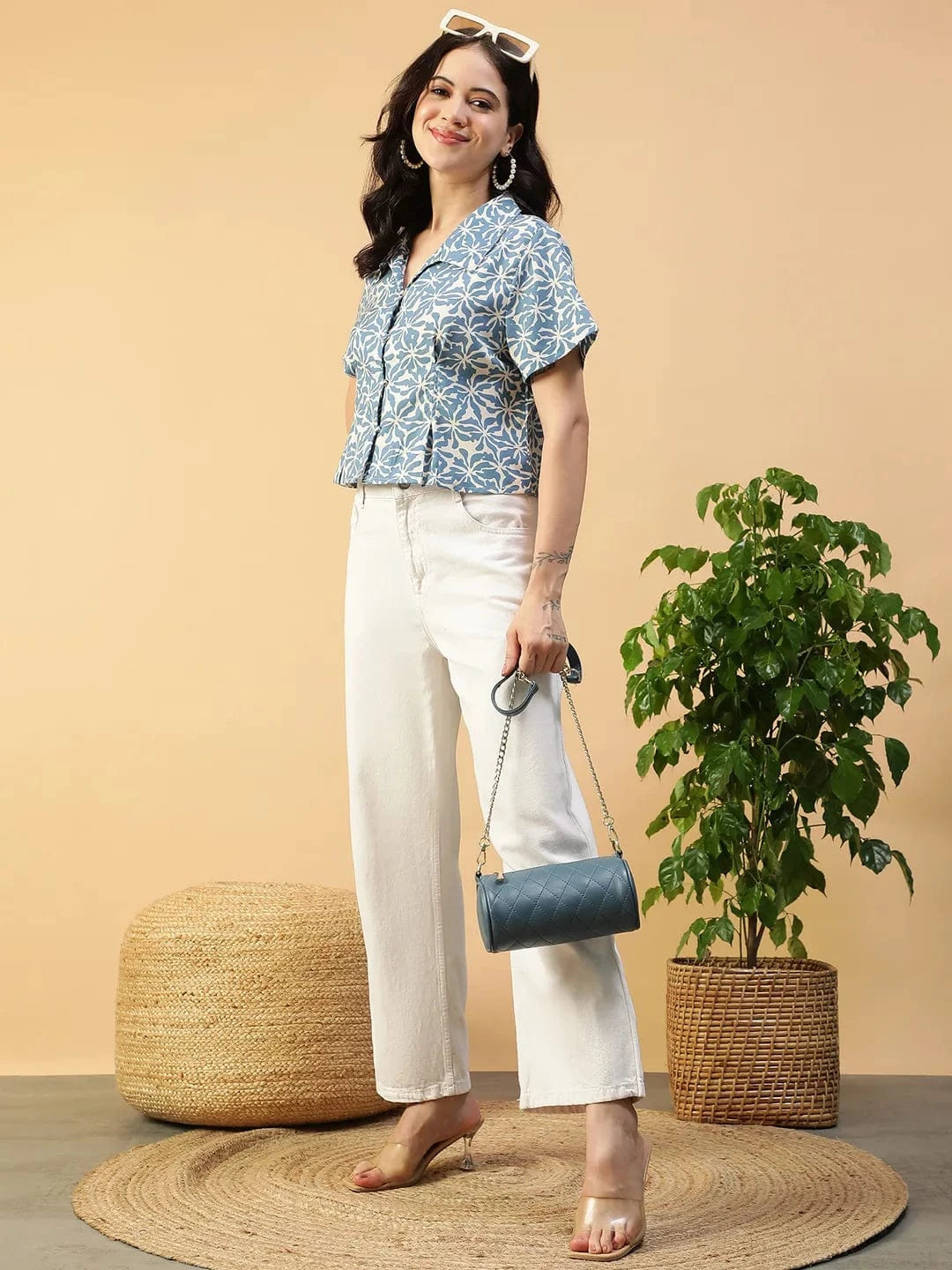 Boom Blue Floral Slub Print Collared Button Down Short Sleeve Women Top