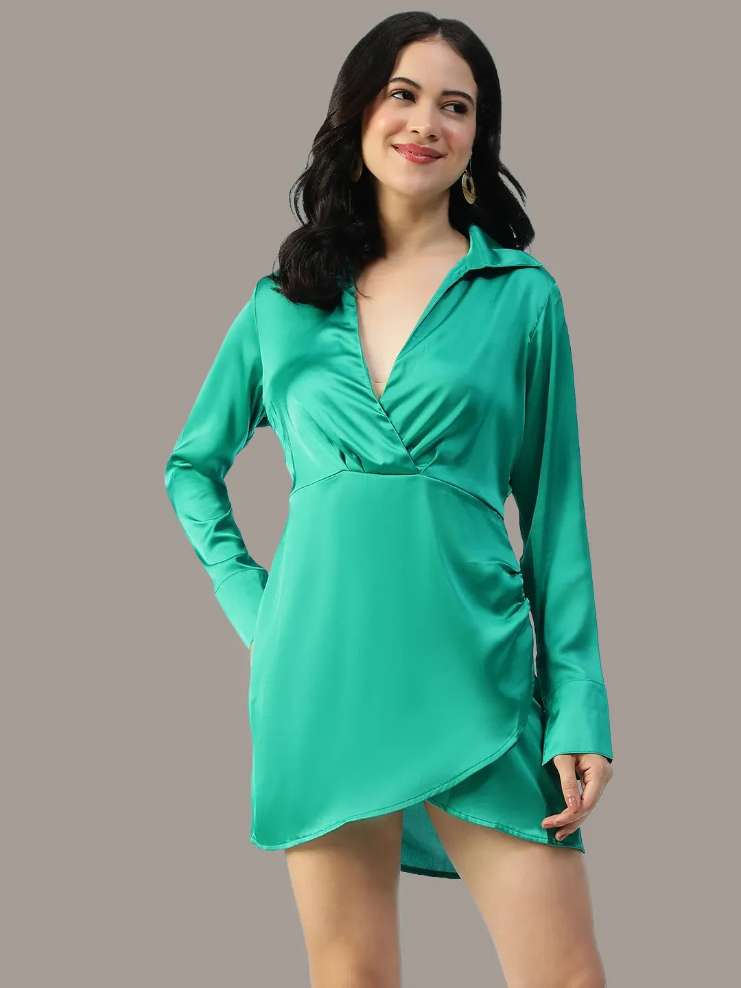 Green Satin Mini Wrap Dress
