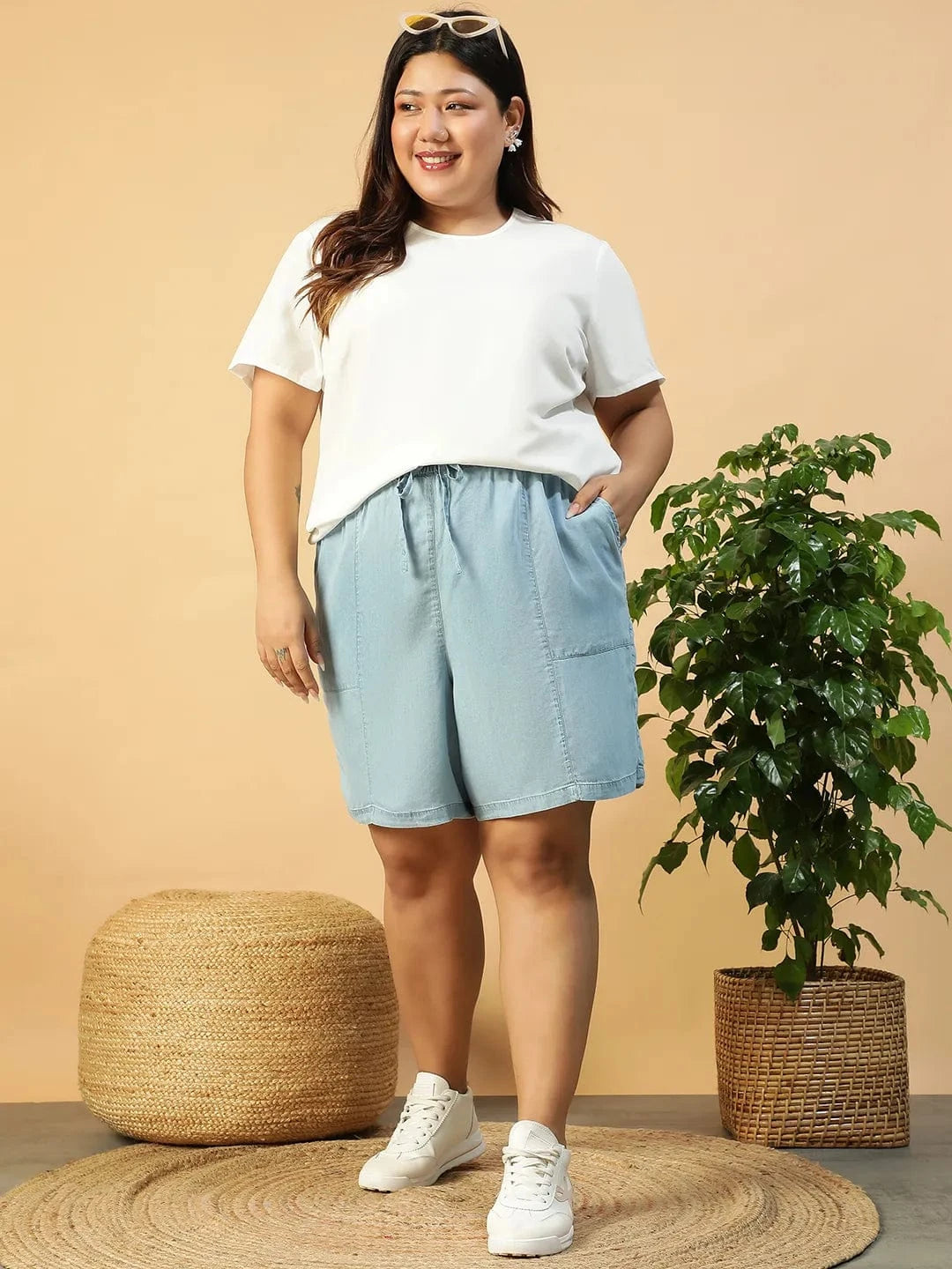 Plus Size Blue Washed Denim Shorts with Side Pockets