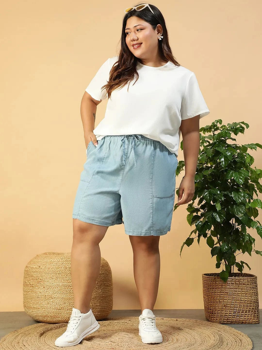 Plus Size Blue Washed Denim Shorts with Side Pockets