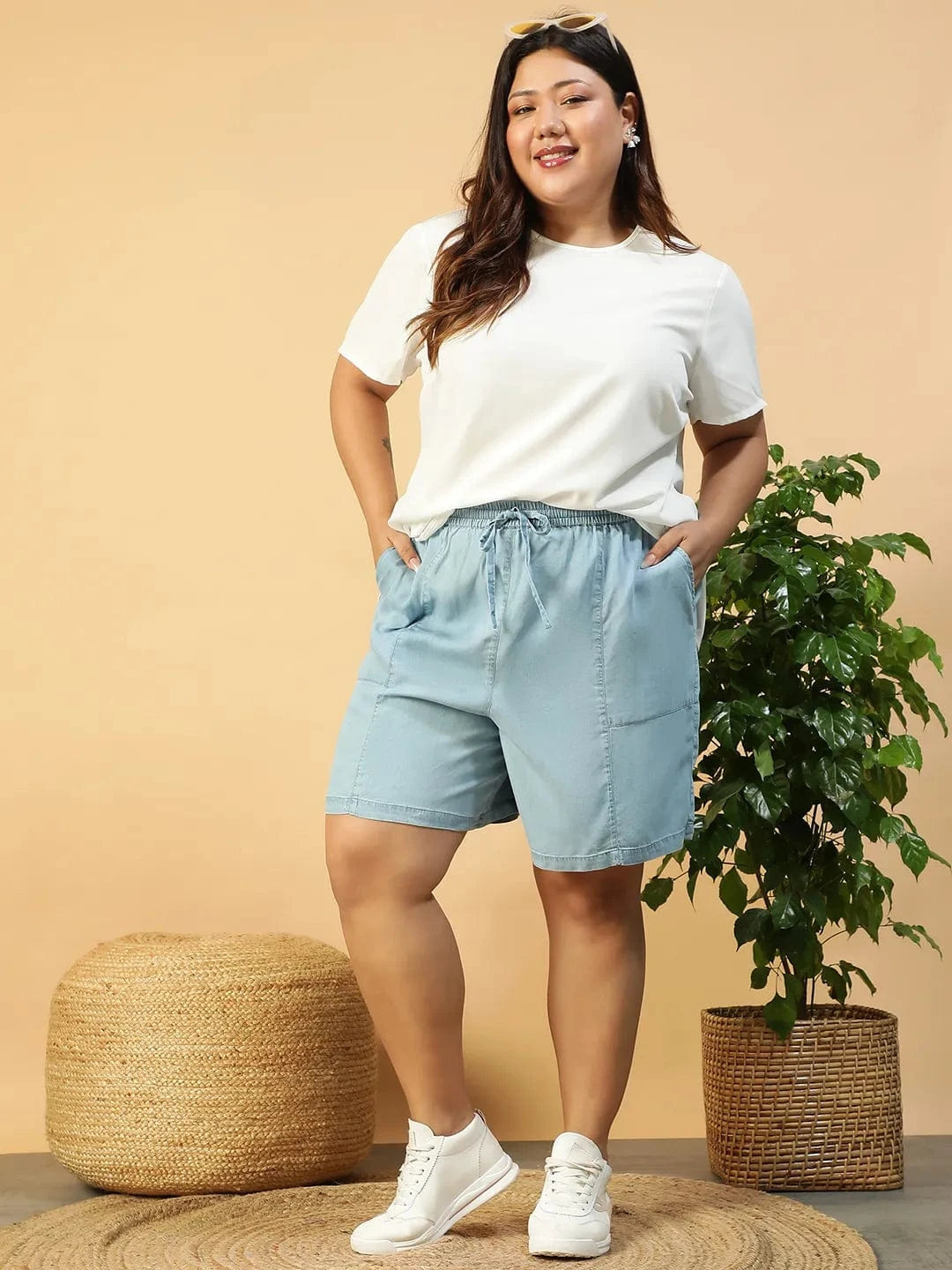 Plus Size Blue Washed Denim Shorts with Side Pockets
