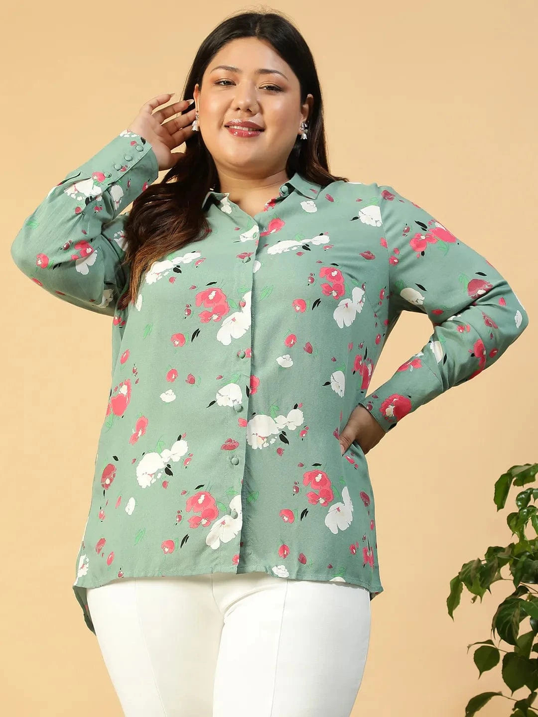 Women Green Floral Print Cotton Shirt