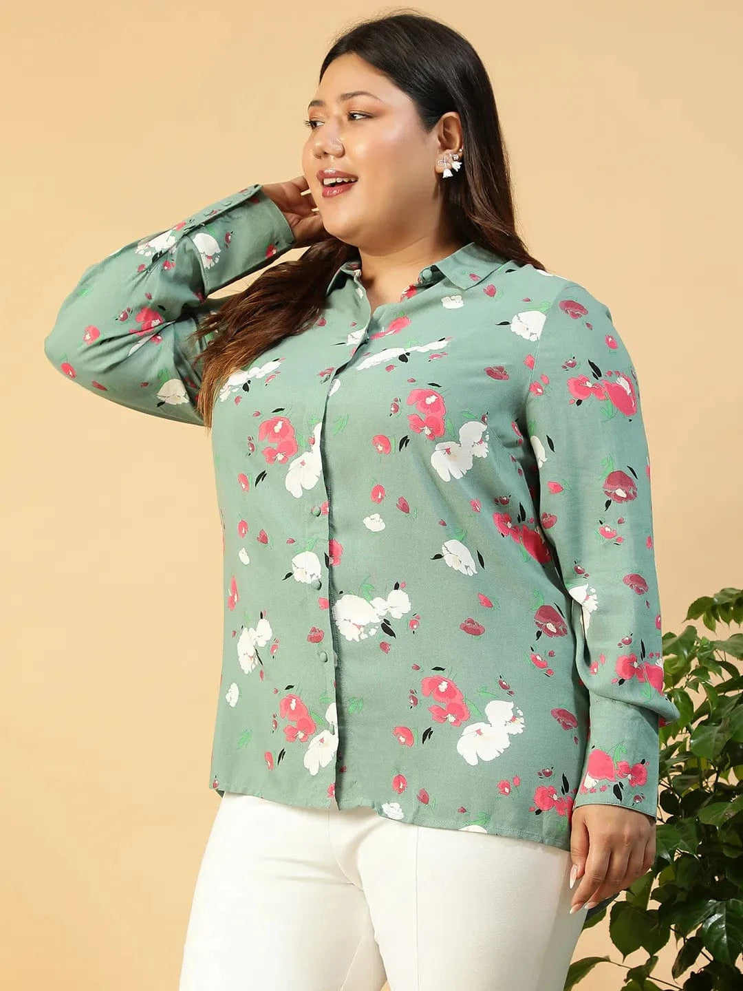 Women Green Floral Print Cotton Shirt
