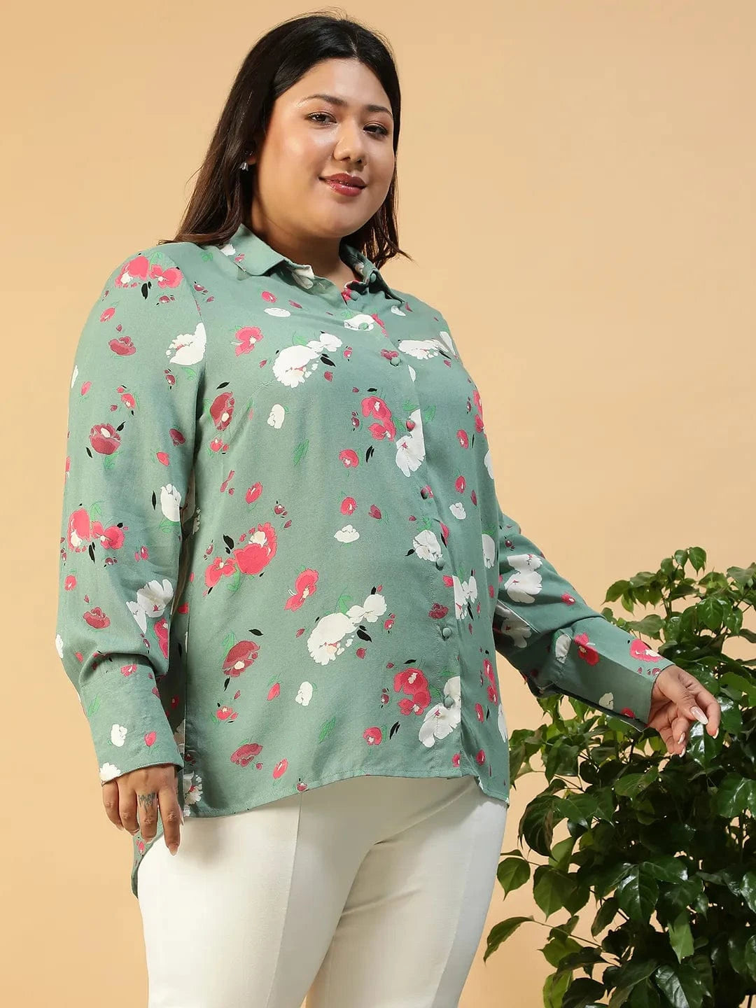 Women Green Floral Print Cotton Shirt