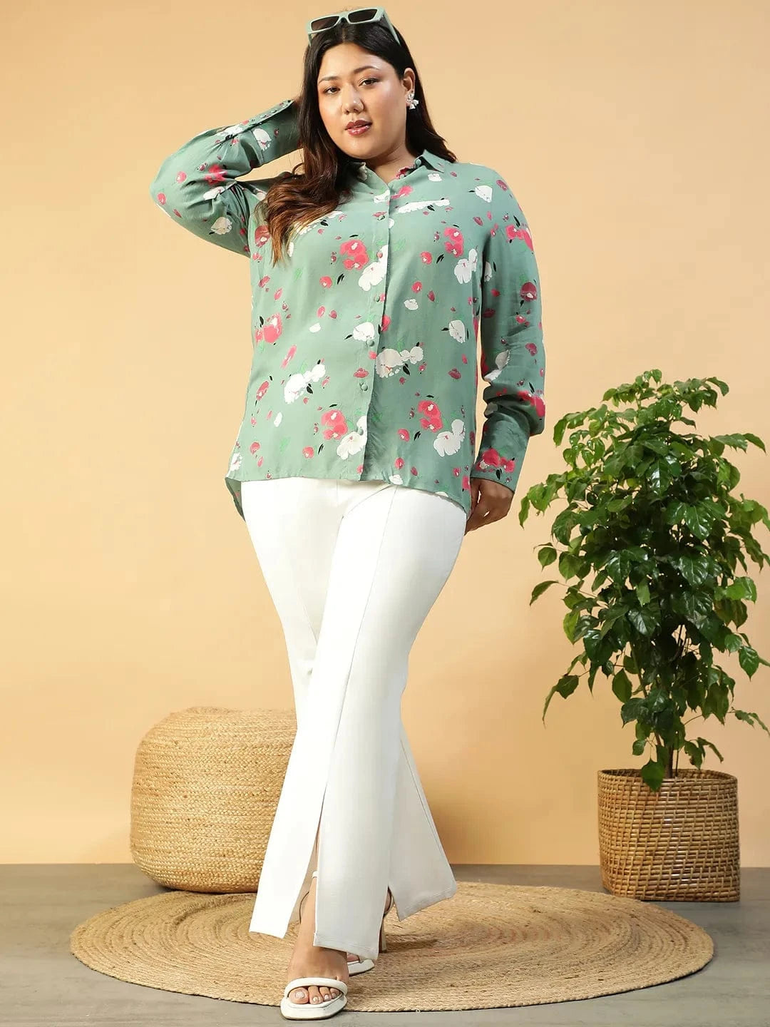 Women Green Floral Print Cotton Shirt