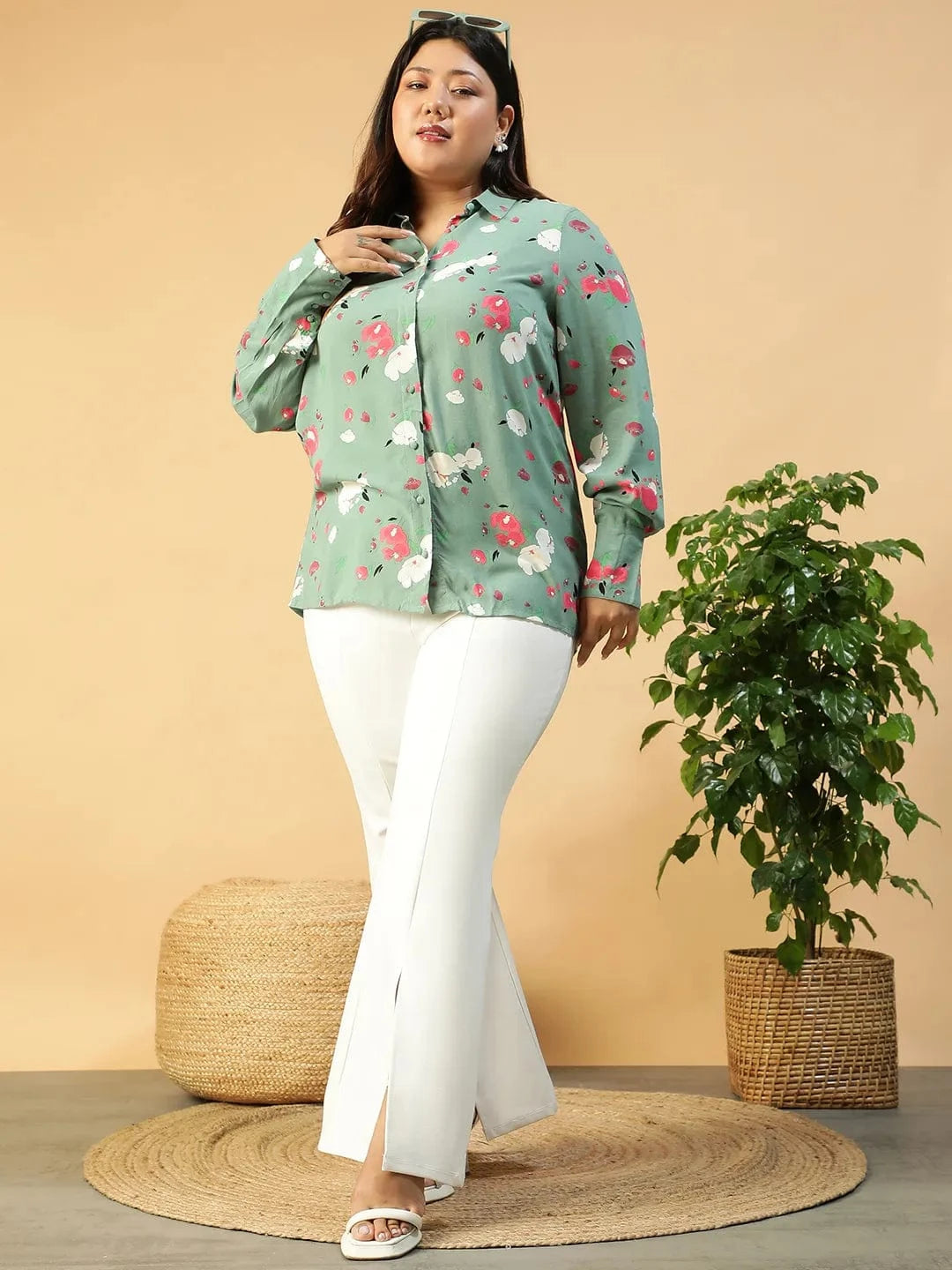 Women Green Floral Print Cotton Shirt