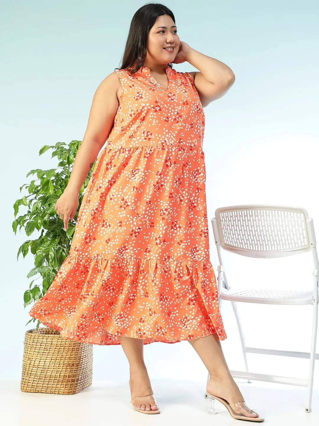 Plus Size Orange Floral Print Dress
